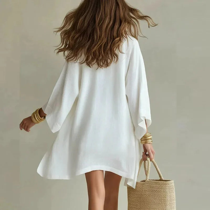 Women's linen three-piece shorts set with V-neck top and kimono cardigan