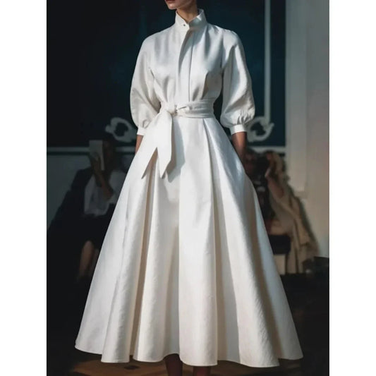 Women's long-sleeve collared V-neck A-line midi dress with belt – White