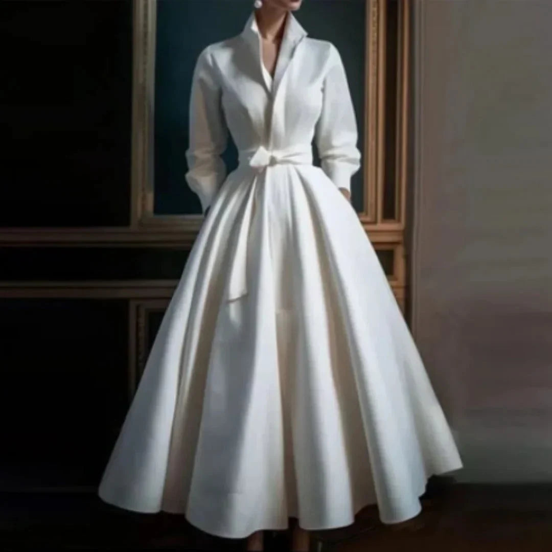 Women's long-sleeve collared V-neck A-line midi dress with belt – White