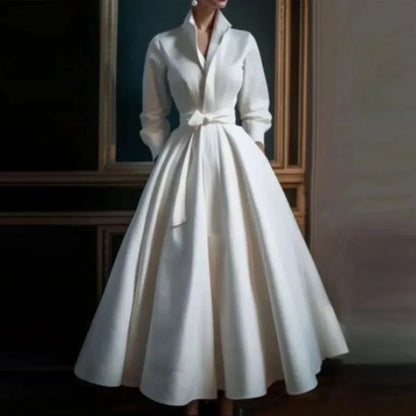 Women's long-sleeve collared V-neck A-line midi dress with belt – White