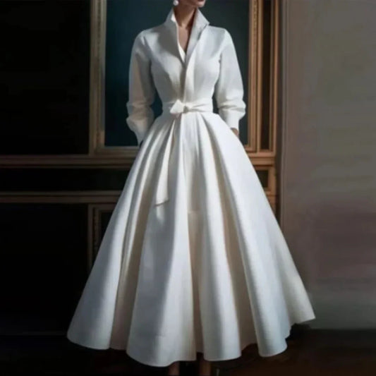 Women's long-sleeve collared V-neck A-line midi dress with belt – White
