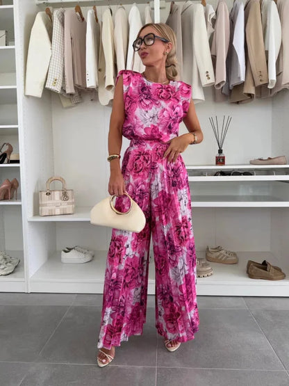 Women's pants set with cap-sleeve top and wide-leg pleated pants – Pink