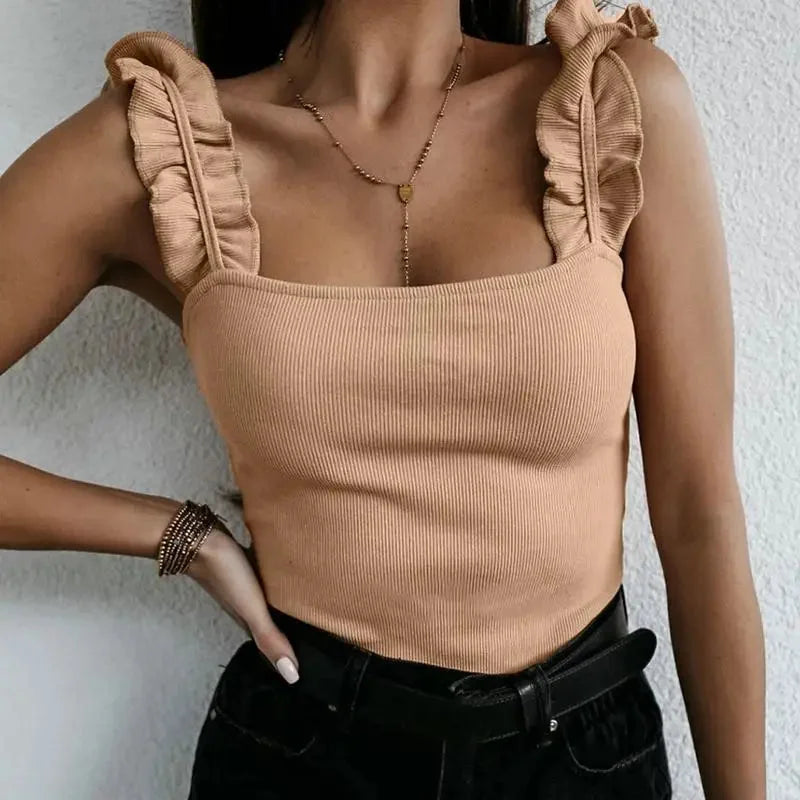 Women's ribbed knit square-neck top with ruffled shoulder straps – Beige