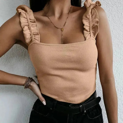 Women's ribbed knit square-neck top with ruffled shoulder straps – Beige