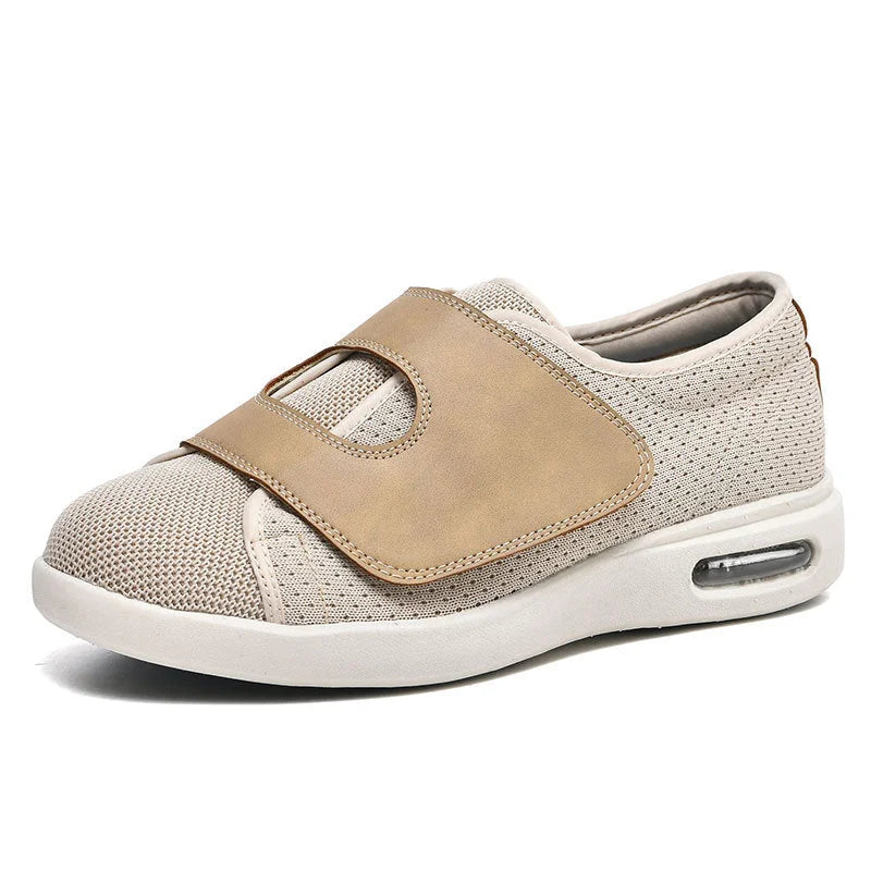 Women's wide fit knit walking sneakers with velcro strap and air cushion – Beige