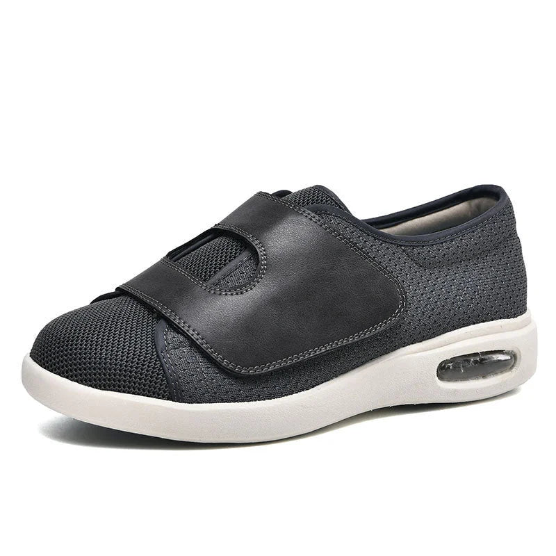 Women's wide fit knit walking sneakers with velcro strap and air cushion – Black
