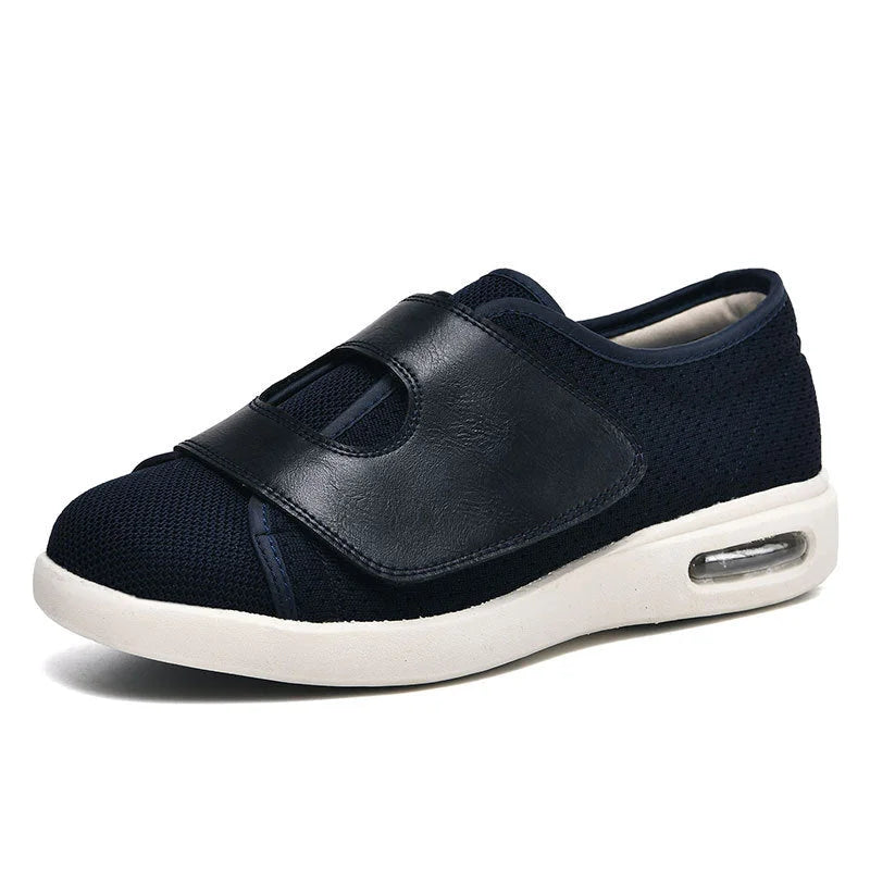 Women's wide fit knit walking sneakers with velcro strap and air cushion – Blue