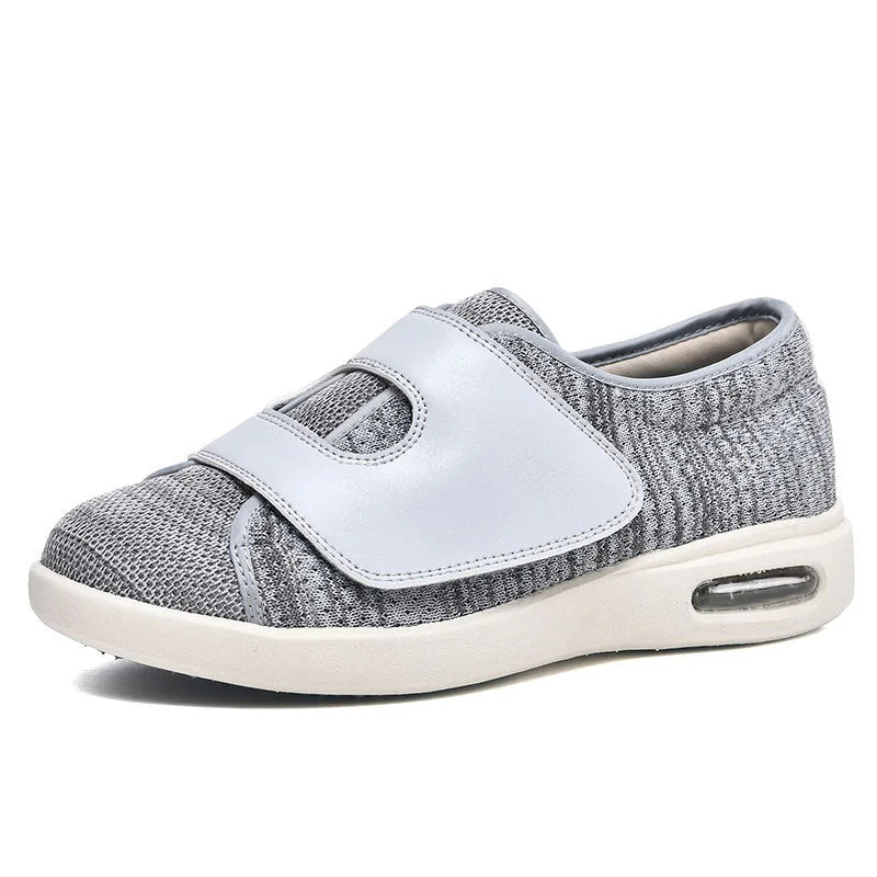 Women's wide fit knit walking sneakers with velcro strap and air cushion – Grey