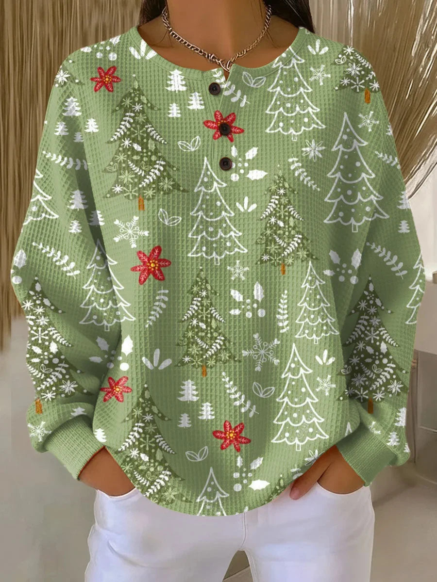 Women's winter christmas-print waffle-knit sweater with button-placket neckline – Green