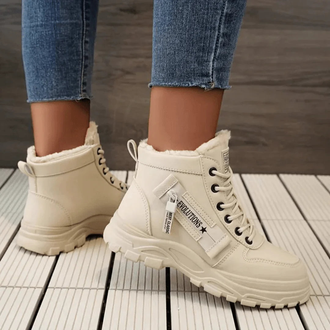 Women's winter faux fur-lined lace-up ankle boots with chunky sole