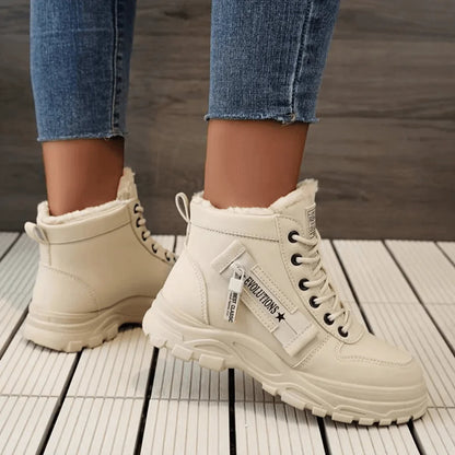 Women's winter faux fur-lined lace-up ankle boots with chunky sole