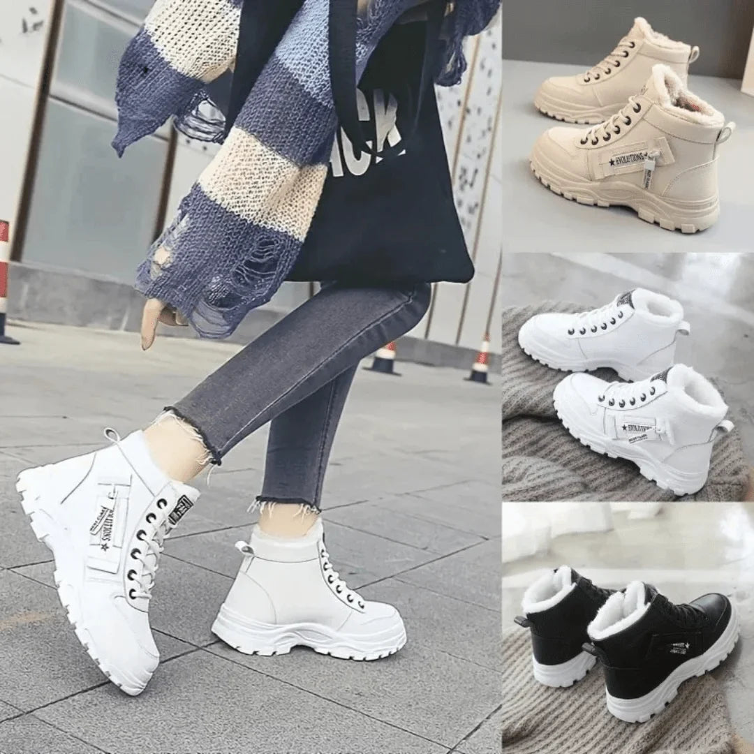 Women's winter faux fur-lined lace-up ankle boots with chunky sole