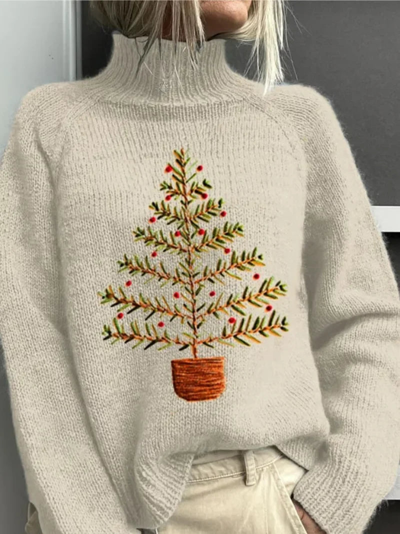 Women's winter holiday embroidered Christmas tree knit sweater with turtleneck raglan sleeves – Grey