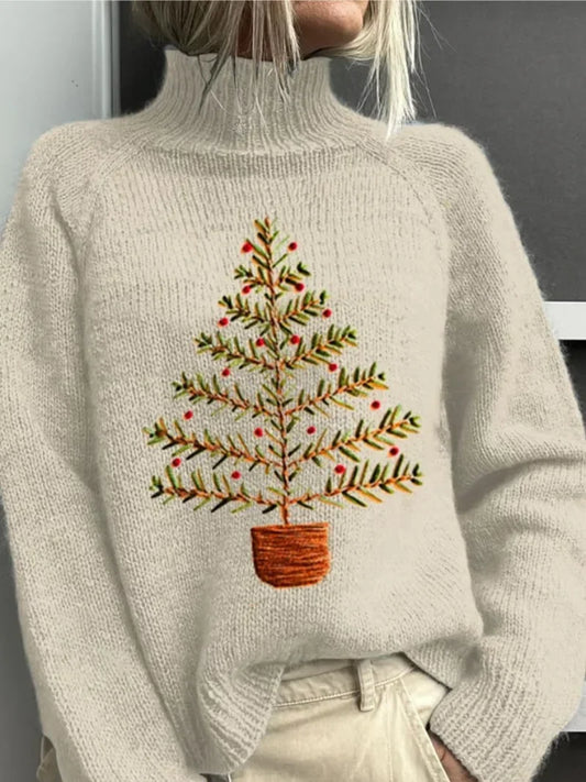 Women's winter holiday embroidered Christmas tree knit sweater with turtleneck raglan sleeves – Grey