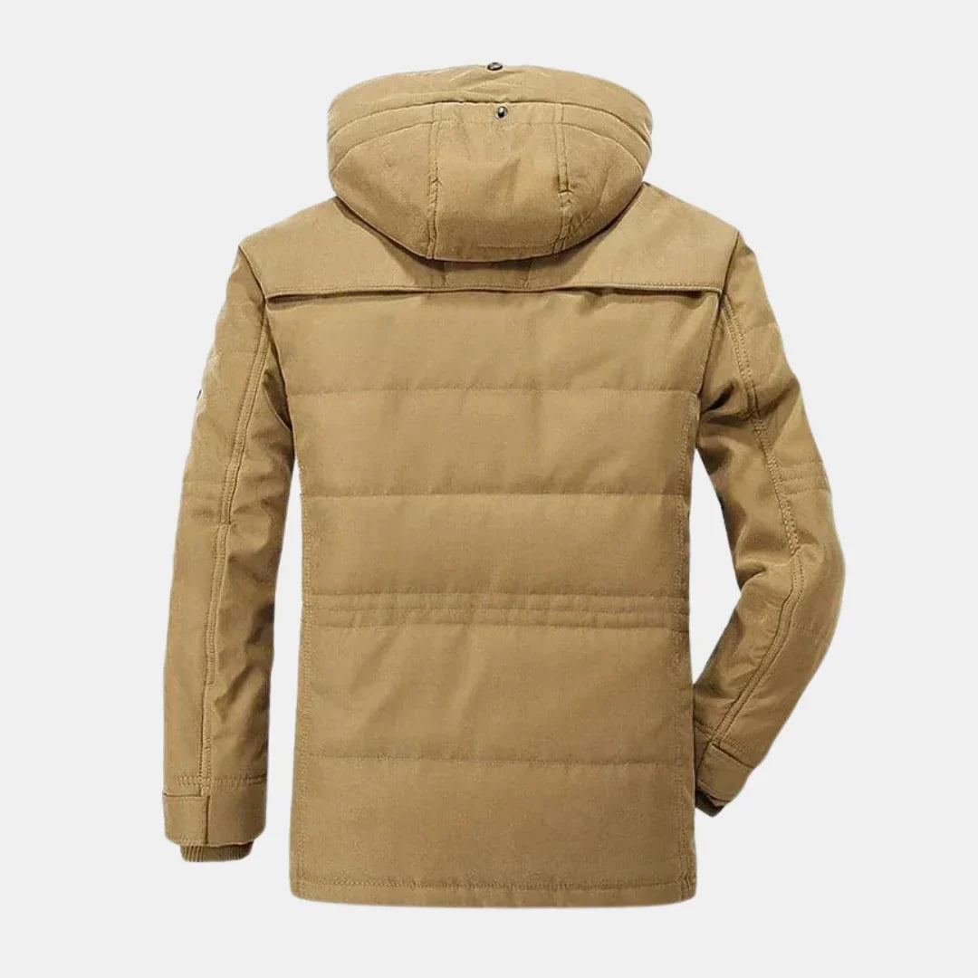 Women's winter hooded faux fur-lined field jacket with button-front pockets