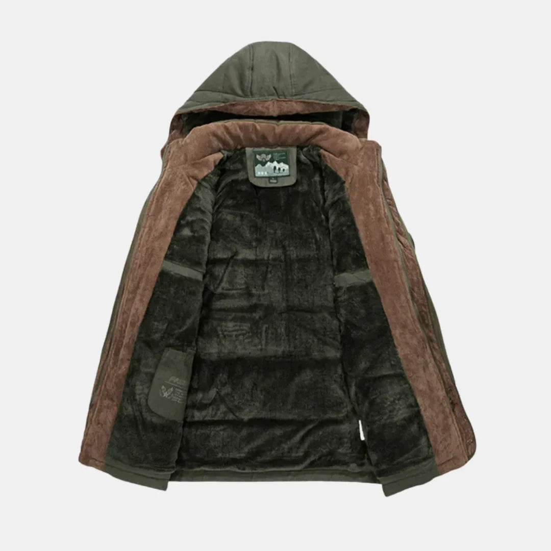 Women's winter hooded faux fur-lined field jacket with button-front pockets