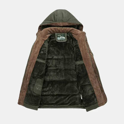 Women's winter hooded faux fur-lined field jacket with button-front pockets
