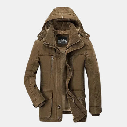 Women's winter hooded faux fur-lined field jacket with button-front pockets – Brown