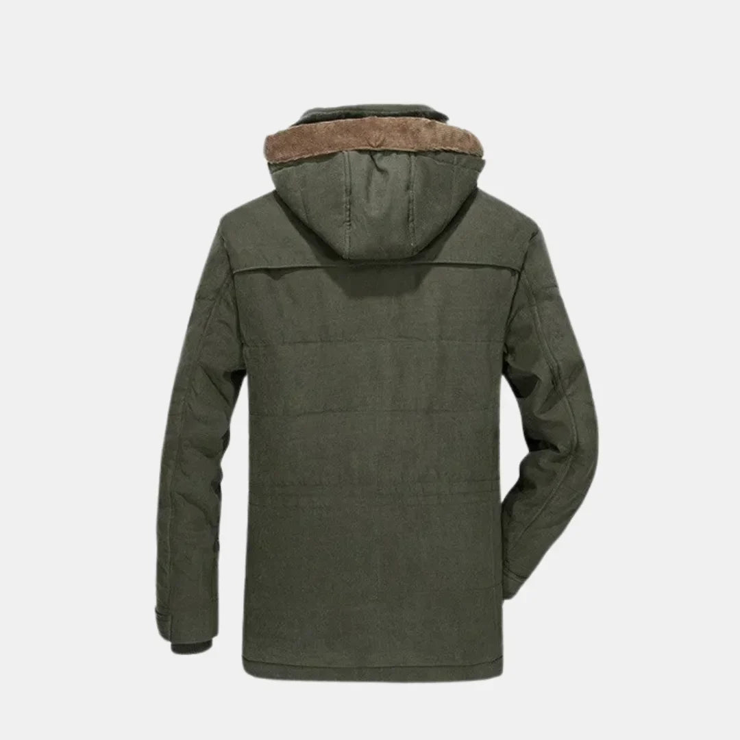 Women's winter hooded faux fur-lined field jacket with button-front pockets