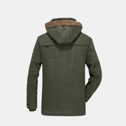 Women's winter hooded faux fur-lined field jacket with button-front pockets