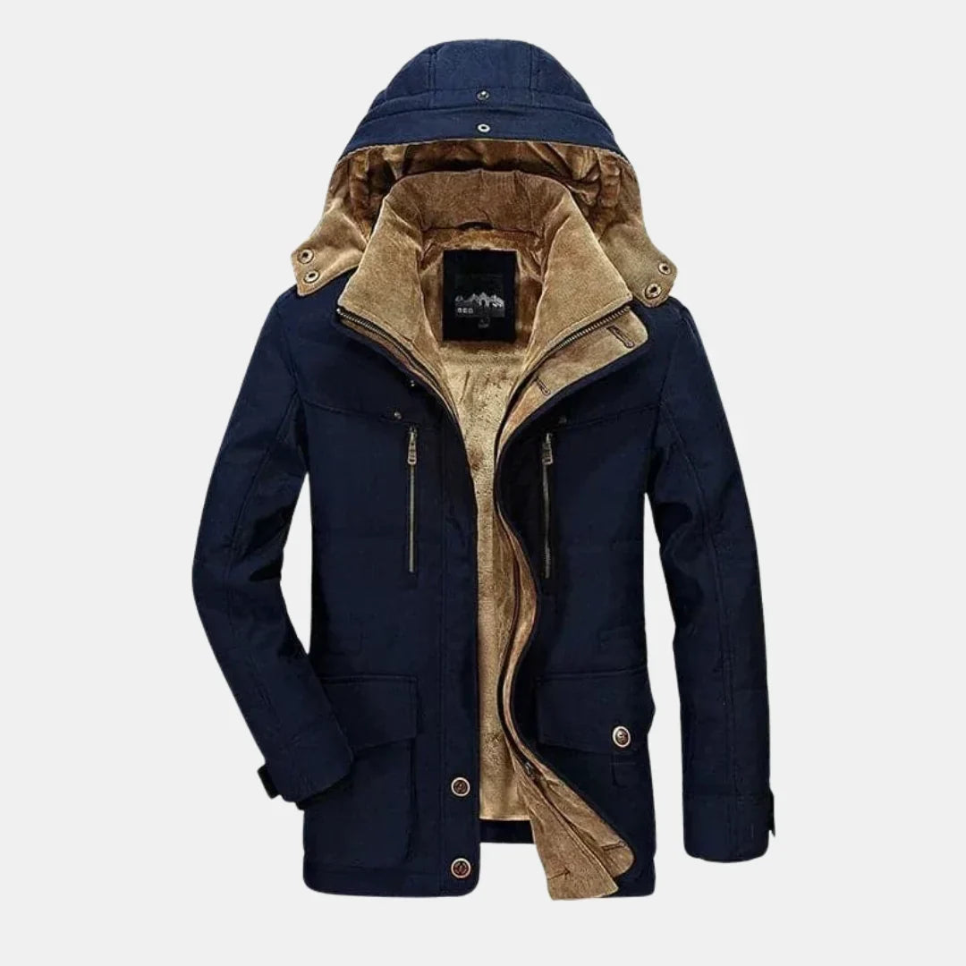 Women's winter hooded faux fur-lined field jacket with button-front pockets – Navy blue