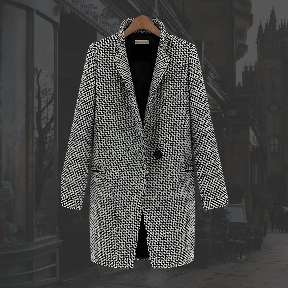 Women's winter houndstooth wool coat with single-button closure – Multicolor