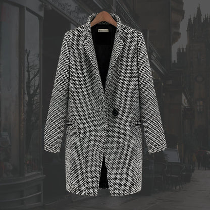 Women's winter houndstooth wool coat with single-button closure – Multicolor