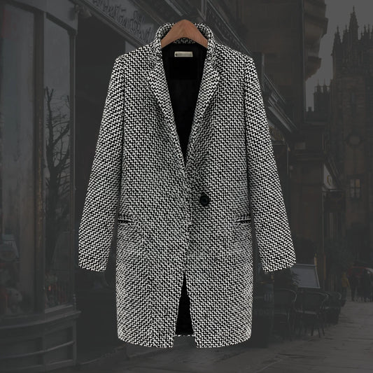 Women's winter houndstooth wool coat with single-button closure – Multicolor