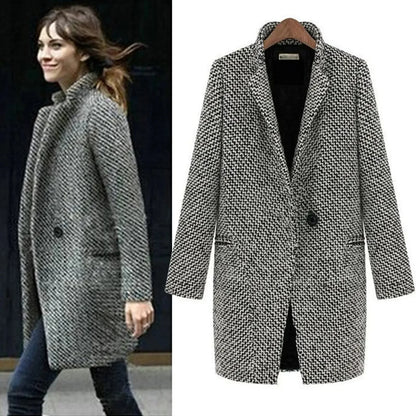 Women's winter houndstooth wool coat with single-button closure – Multicolor