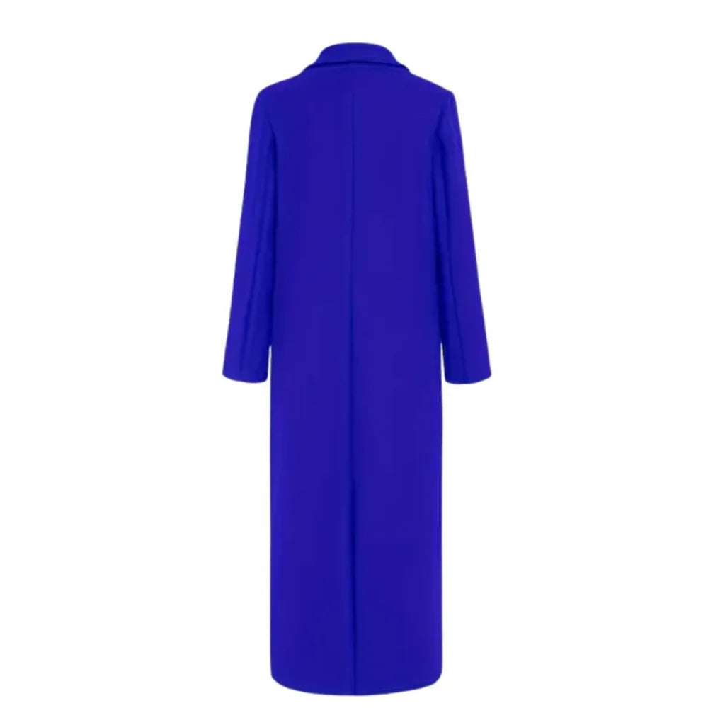 Women's winter longline double-breasted wool coat with notched lapel