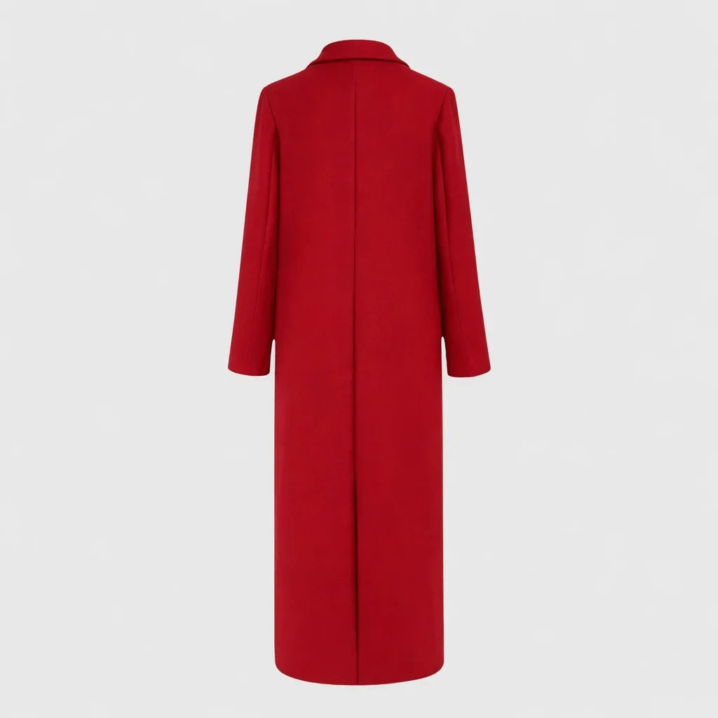 Women's winter longline double-breasted wool coat with notched lapel