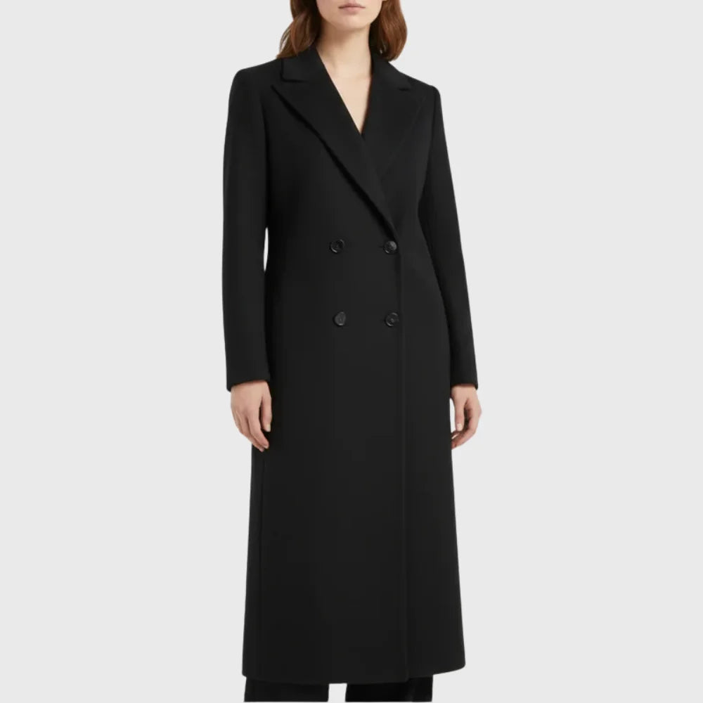 Women's winter longline double-breasted wool coat with notched lapel
