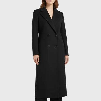 Women's winter longline double-breasted wool coat with notched lapel