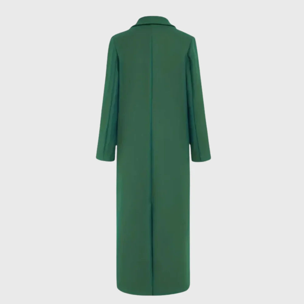 Women's winter longline double-breasted wool coat with notched lapel
