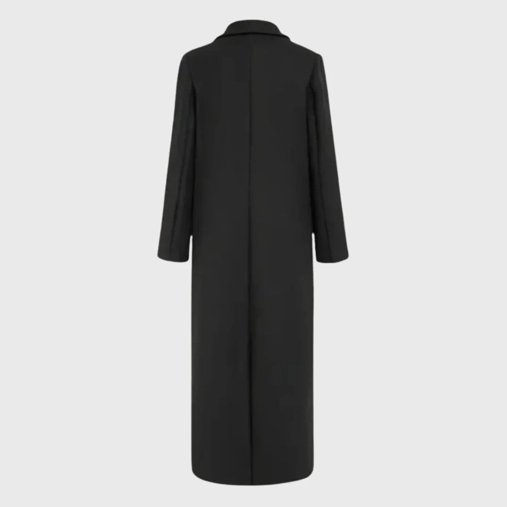 Women's winter longline double-breasted wool coat with notched lapel