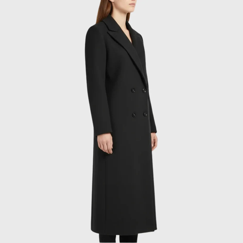 Women's winter longline double-breasted wool coat with notched lapel