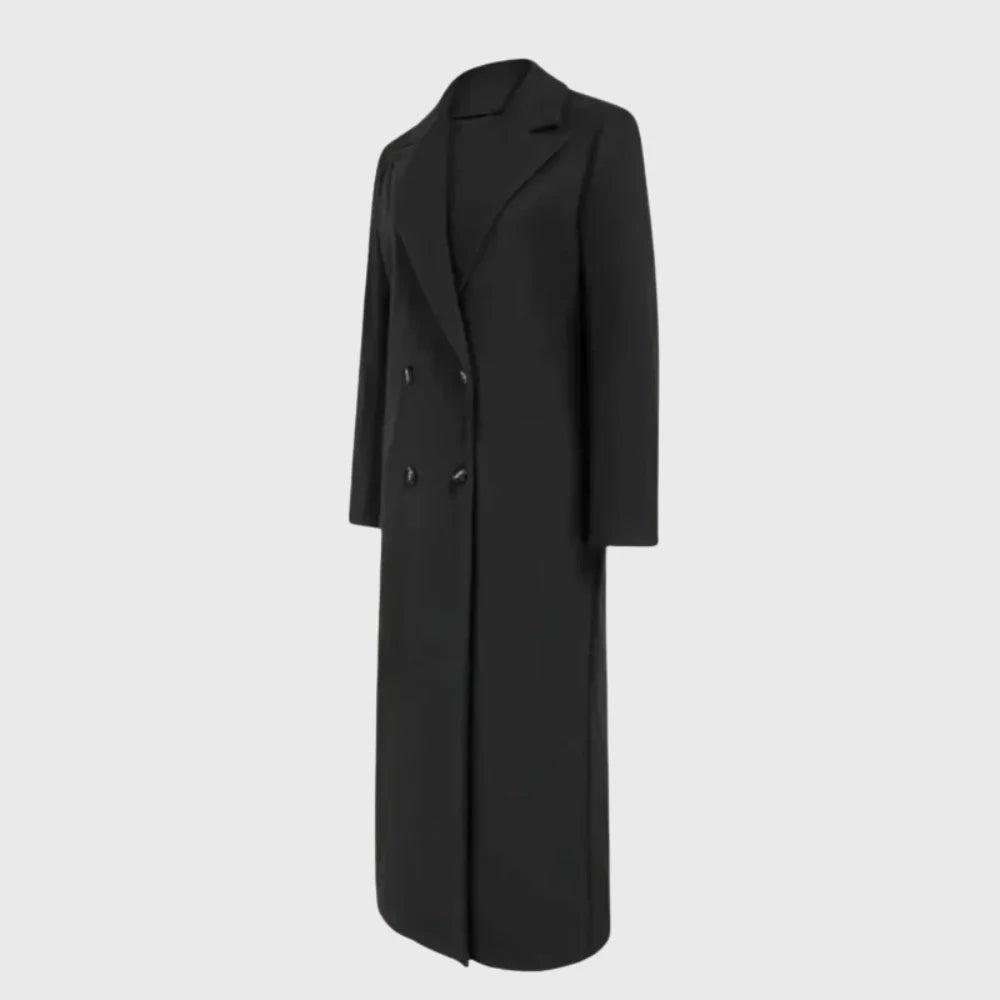 Women's winter longline double-breasted wool coat with notched lapel – Black