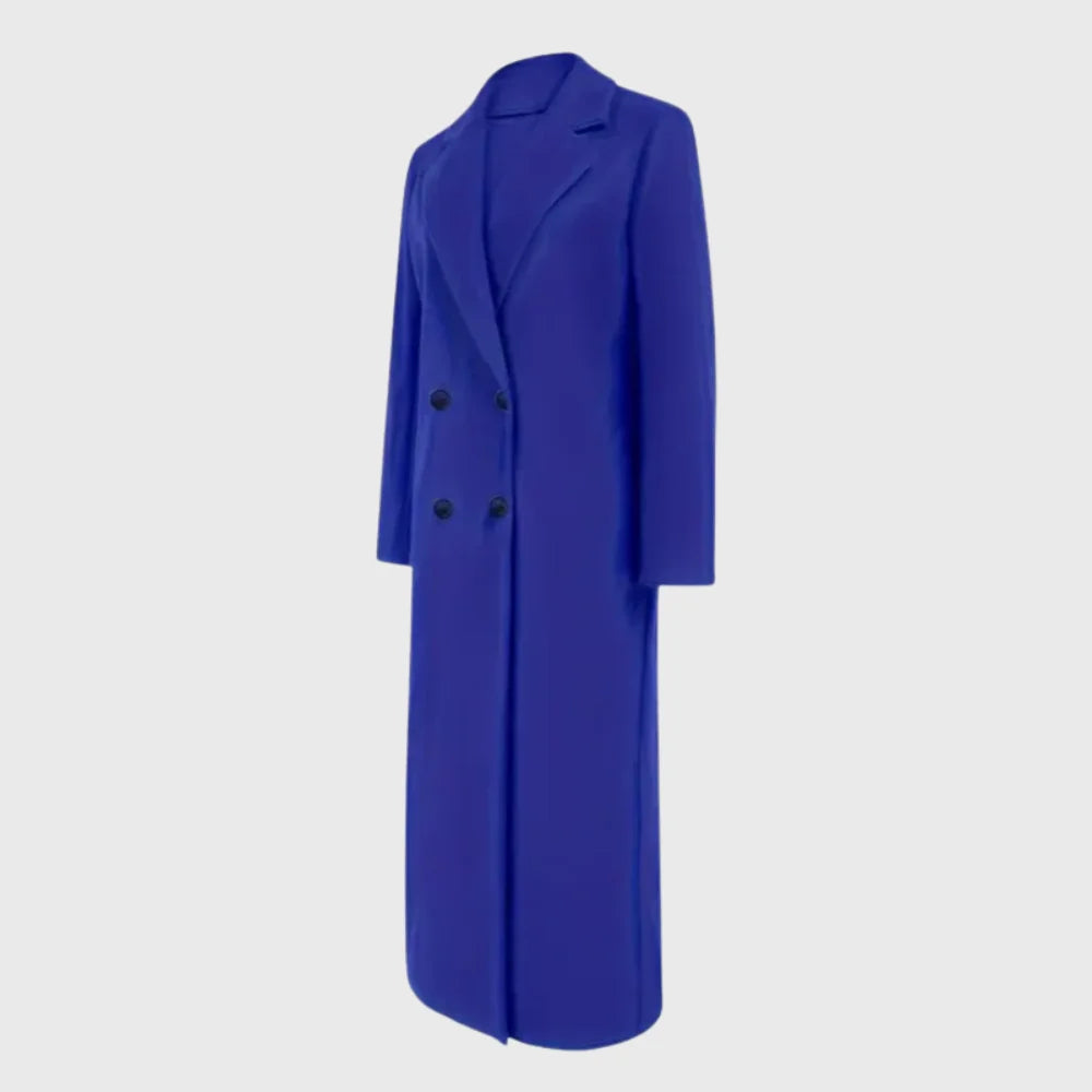 Women's winter longline double-breasted wool coat with notched lapel – Blue