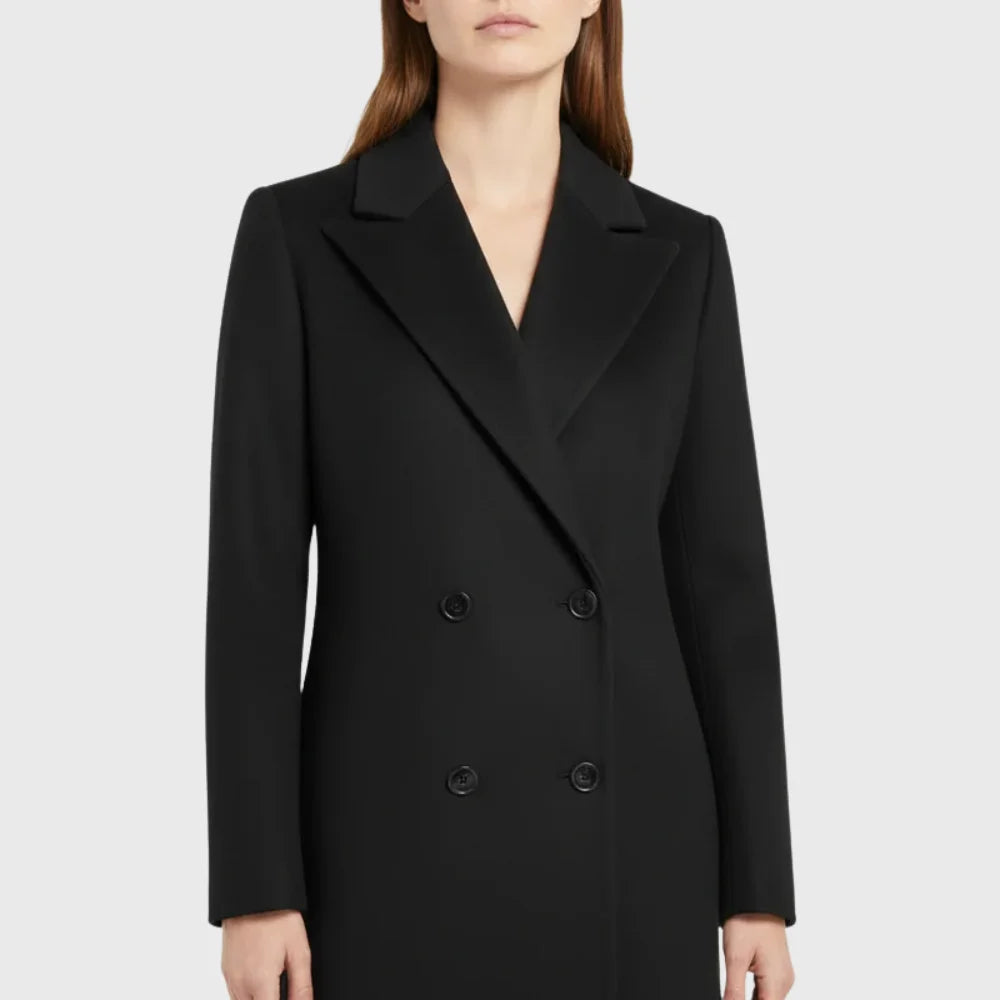 Women's winter longline double-breasted wool coat with notched lapel