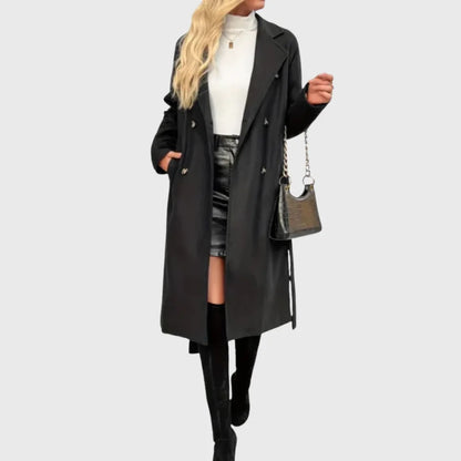 Women's winter longline double-breasted wool coat with self-tie belt – Black