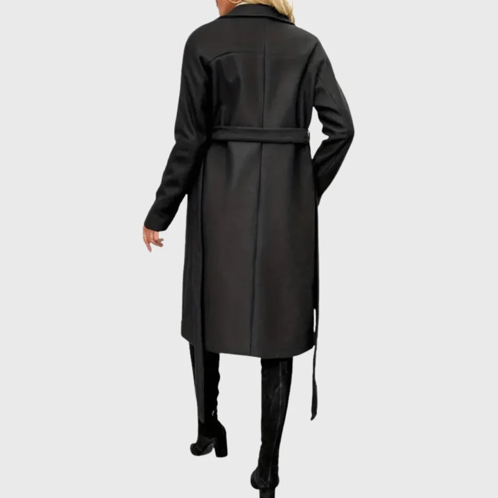 Women's winter longline double-breasted wool coat with self-tie belt – Black