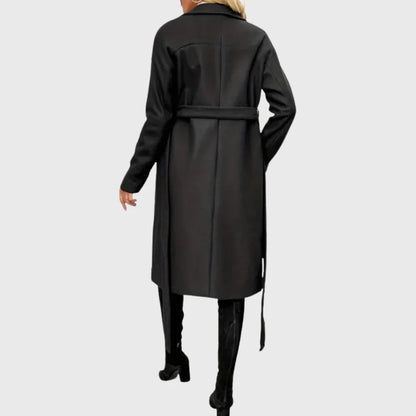 Women's winter longline double-breasted wool coat with self-tie belt – Black