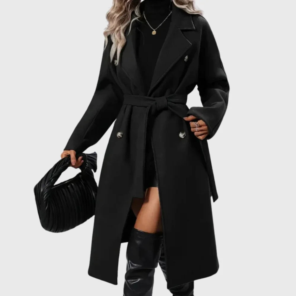 Women's winter longline double-breasted wool coat with self-tie belt – Black