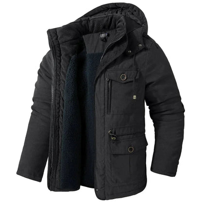 Women's winter utility field jacket with detachable hood and sherpa lining – Black