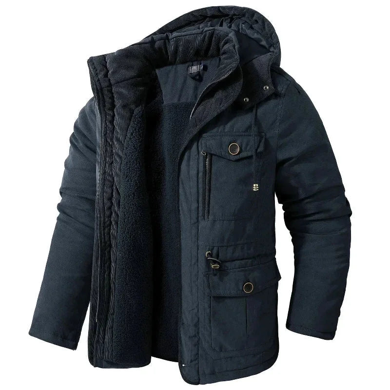Women's winter utility field jacket with detachable hood and sherpa lining – Blue