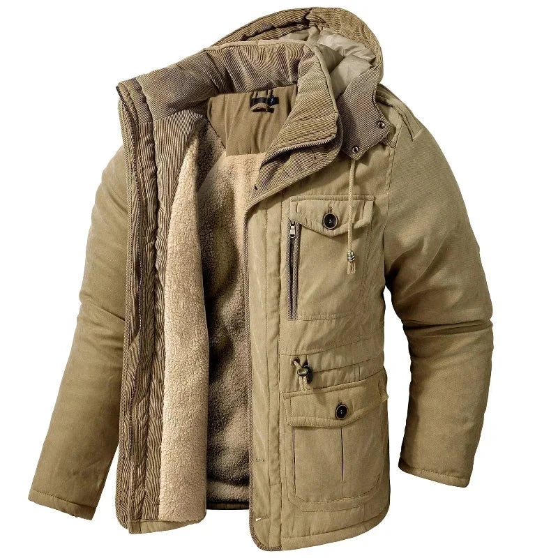 Women's winter utility field jacket with detachable hood and sherpa lining – Khaki