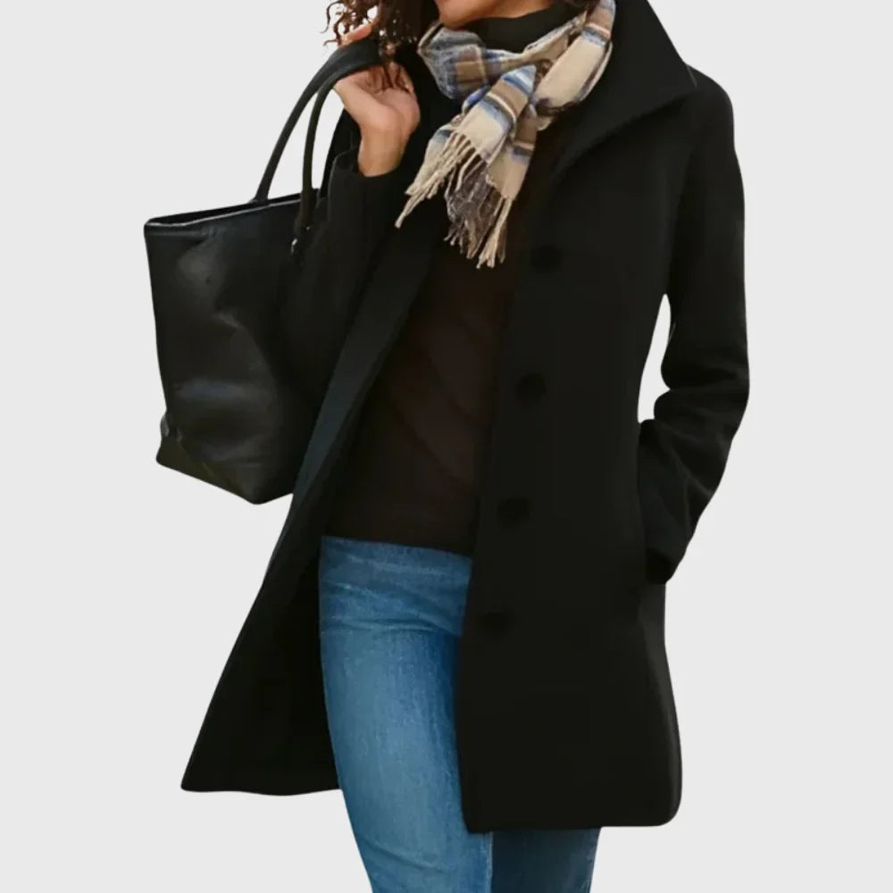 Women's wool-blend coat with button-front and classic collar – Black