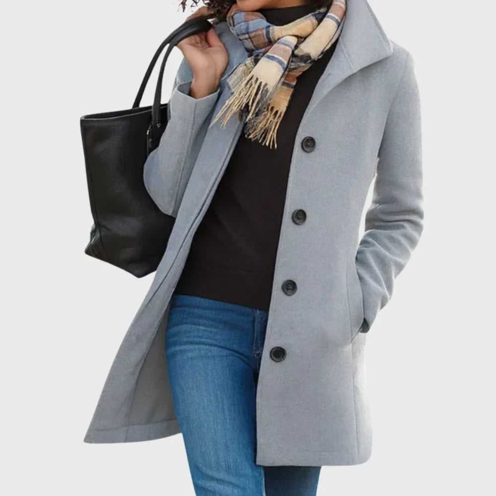 Women's wool-blend coat with button-front and classic collar – Light Grey