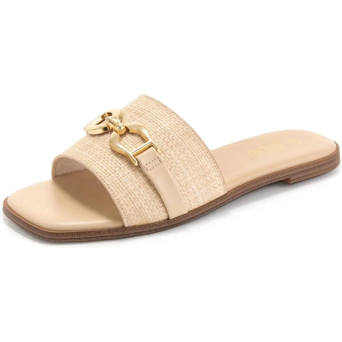Women's woven slide sandals with decorative buckle accent – Beige