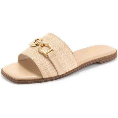 Women's woven slide sandals with decorative buckle accent – Beige